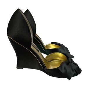 Nina Eterna Satin Wedge Heels Pumps 8.5M D’orsay Peep Toe Bow Formal Party Glam